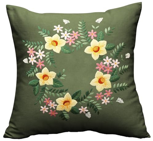 Embroidery Kit Cushion Cover Pillowcase Craft Kits for Adults Beginners, Hand Embroidery DIY Kit Pillow Case Cover Stitch Set with Flower Patterns Embroidery Hoop Sewing Craft without Pillow Insert