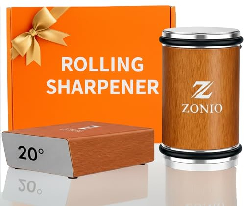 Rolling Knife Sharpener Kit, Knife Sharpener Tool with Diamond & Honing Disc Knife Sharpening for Steel of Any Hardness, Kitchen Knife Sharpener with 15 & 20 Degree Magnetic Angle, Brown