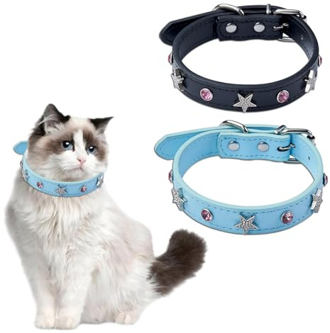 KASESSS 2 stycken gnistrande stjärnor, katthalsband med rosa strass, justerbart halsband katt PU-läder, katthalsband med metallspänne, cool kattkrage för katt och små hundar