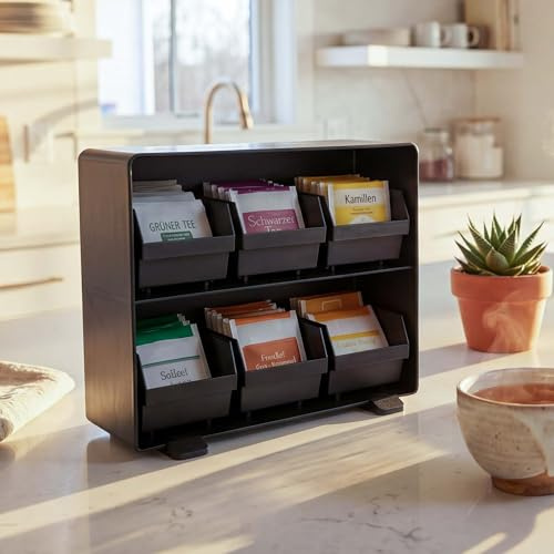 Mendler Portabustine di tè HWC-M10, Scatola Porta-tè, Contenitore per tè, 6 Scomparti Rimovibili, 20x25x13 cm, Nero