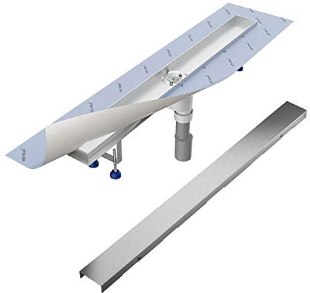 Aquabad Duschrinne SDS Pro 80 cm gebürsteter Edelstahl inkl. Haarsieb, Abgang senkrecht, Blende BORD, linearer Bodenablauf, Komplettset