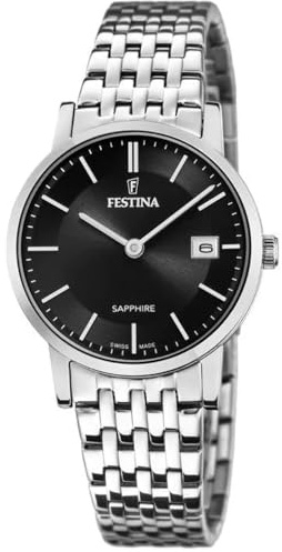 Festina Swiss Made Damen Armbanduhr Edelstahl 316L Silber - Quarzwerk - Saphirglas Resistent - Wasserdicht bis 5 ATM - Kalender F20019/3 - Classic Steel