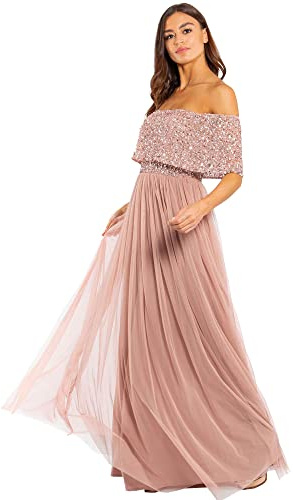 Maya Deluxe Maya Berry Bardot Embellished Maxi Dress Vestido de Dama de Honor Mujer