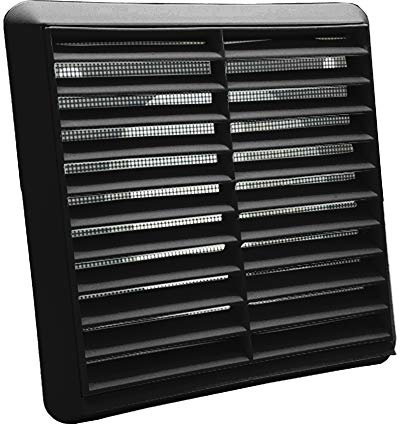 Kair Black Louvred Wall Vent Grille 183mm External Dimension with Flyscreen and Round 150mm - 6 inch Rear Spigot