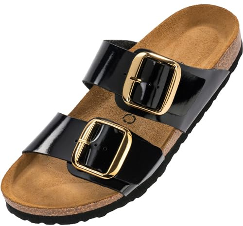 Palado Pantoletten Damen Samos GS - bequeme Sandalen Made in Spain - Hausschuhe mit dämpfendem Kork-Fußbett - modische Sommerschuhe Lack Schwarz UK8 - EU41