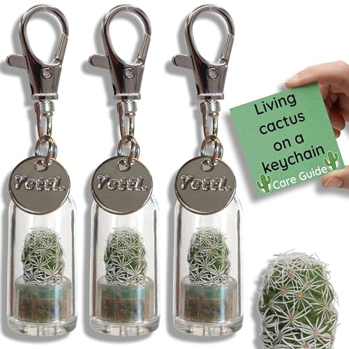 Yetti Mini Cactus Gift Keyring - Living Plants on Keychains (Ghost - Set of 3) - Tiny Plant Gift for Cactus Lovers