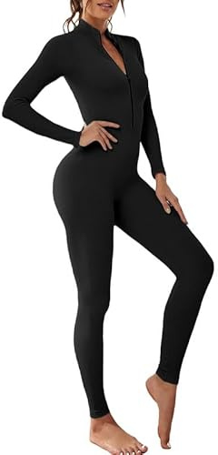 Litthing Women Yoga Jumpsuit Sports Romper Long Sleeve Unitard Stretchy Playsuit Ribbed Knit Zip Up Workout Outfit Slim Fit One Piece Bodysuit Fitness Sportswear Daily Wear