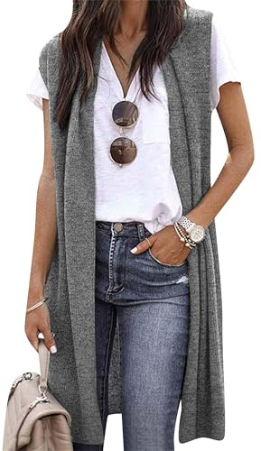 EFOFEI Mujer Chaleco Largo Drapeado Abierto Delantero Primavera Otoño Chaleco Caliente Ligero Chaleco Largo Gris Claro XL