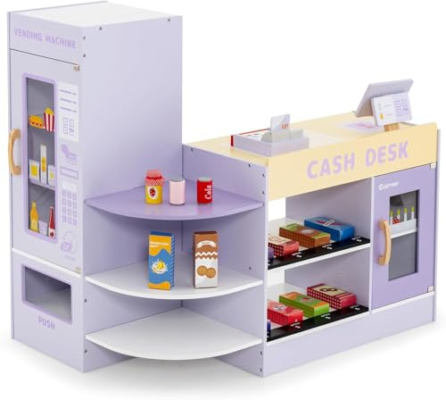 RELAX4LIFE Registratore di Cassa per Bambini, Banco Spesa Finta del Negozio/Supermercato con Distributore Automatico, Macchina POS e Lavagna, 15 Accessori (89 x 57 x 80 cm, Viola)