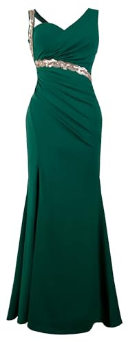 Angel-fashions Donna Abito da Sera Verde a Spalla Unica Sfrangiato con Paillettes Dorate Spacco e Peplum Perfetto per Il Ballo di fine Anno Size 48