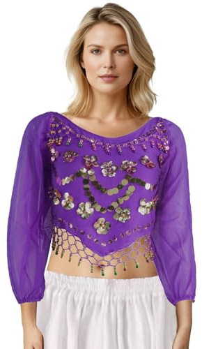 MUNAFIE Costume da danza del ventre, da donna, con paillette, maniche a 3/4, con motivo prugna, con campane, Lilla, Taglia unica