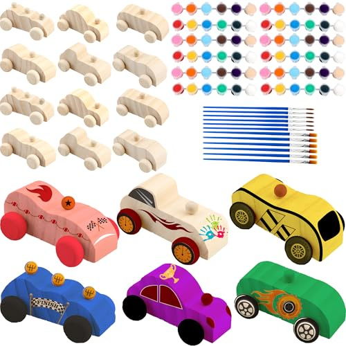 Feradny 42 Pcs Unfinished Wooden Cars Art Craft Include 18 Wood Car Crafts Painting Wood DIY Car Toys with 24 Painting Tools for Kids School Wood Crafts DIY Back to School Favors