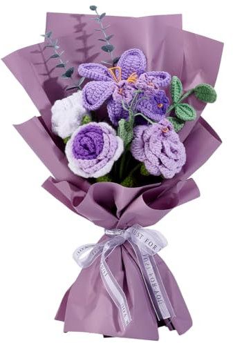 INFUNLY Bouquet di rose all'uncinetto con tulipani viola, fiori artificiali fatti a mano, finiti per donne e ragazze, regalo a maglia, per festa della mamma, compleanno, decorazione per la casa