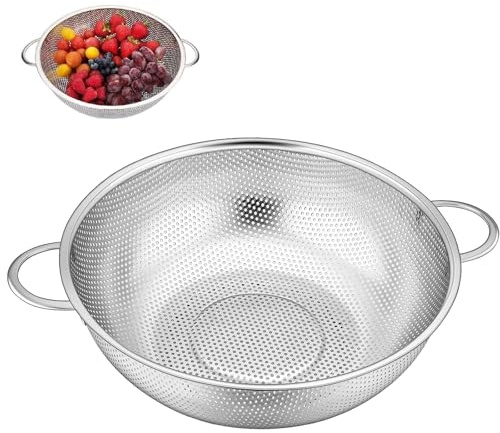 Colador de cocina con asas, diámetro de 28 cm, colador de acero inoxidable, con asa, colador de cocina microperforado, cesta para escurrir, enjuagar, lavar, apto para lavavajillas