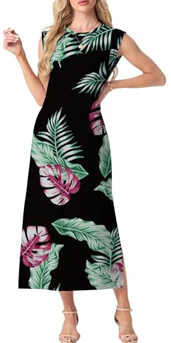 GRECERELLE Womens Summer Maxi Long Dress Casual Flower Sleeveless Crew Neck Split Hem Shift Dresses with Pocket for Ladies UK (Black Green Leaf, M)