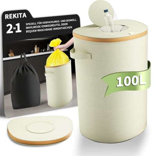 REKITA 100L Pfandflaschen Sammelbehälter mit Einwurfloch-Deckel & Abnehmbarem Innensack, Großraum Flaschensammler für Behälter Leergut & Altglas Aufbewahrung, Küchenmülleimer, Beige