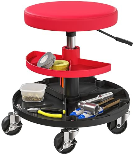 HOMCOM Sgabello da officina con rotelle Vassoi regolabili in altezza 40-51 cm Sgabello rotante caricabile fino a 135 kg ruotabile Sgabello da lavoro Sedile rotante Sgabello girevole Ø38 cm Sedile da