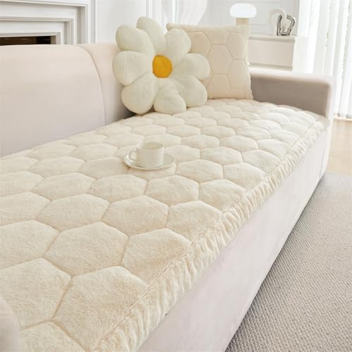 FASCINATDECO Sofa Covers 1 2 3 4 Seater Non Slip Sofa Slipcovers Super Soft & Thick Faux Mink Velvet Sofa Cushion Covers Couch Covers Sofa Protectors from Pets/Kids/Dogs (Beige White, 90x210cm)