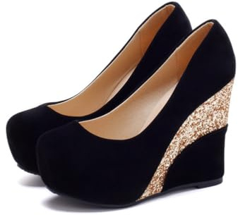 Zapatos Mujer con Brillo Tacones Cuña Altos Parte Superior Gamuza Duradera Punta Redonda Cómoda Plataforma Slip On Fiesta Noche Prom,Negro,35 EU