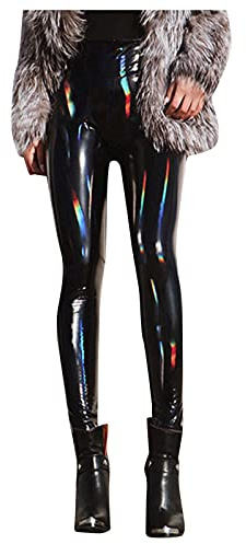 Lack leggings dam glänsande sexiga läderbyxor dam svart hög midja konstläderbyxor stretch glitterleggings eleganta glansiga leggings karneval läderleggings outfit rave dambyxor Y2K yogabyxor, svart, M
