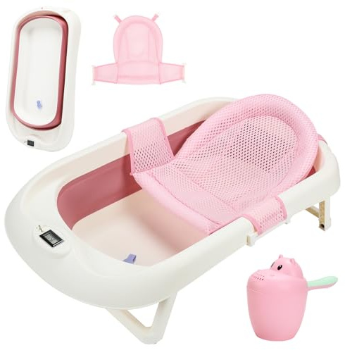 Hebitod faltbare Babywanne Babybadewanne Baby Wanne 50L platzsparend, mit Badeeinsatz, Temperaturanzeige und farbwechselndem Wasserstopfen, rutschfest und stabil, faltbar Rosa