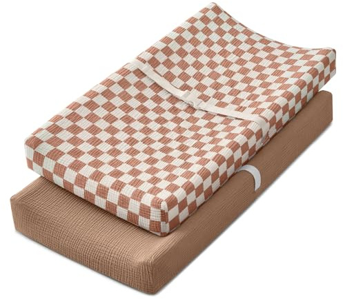 Blissful Diary Muslin Changing Pad Cover for Baby Girls Boys, Ultra Soft Breathable Cotton, Baby Diaper Change Table Pad Covers, 2Pack (Checkered Brown & Brown)