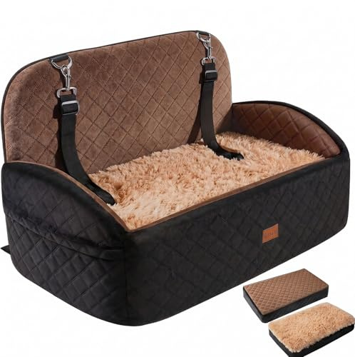 Gimars Asiento Perro Coche Reversible Felpa Larga y Corta para Perros Pequeños/Medianos hasta 27kg, Desmontable Lavable Antideslizante, Transportin Perro Coche con Espuma 28D 13cm, Cinturón, L-Marrón