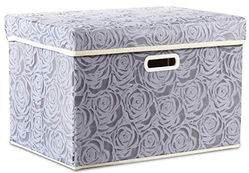 PRANDOM Aufbewahrungsbox mit Deckel Groß,Rosenmuster Stoff Aufbewahrungskörbe,Dekorative Stapelboxen,Würfel,Faltbare Organizer,Boxen,Behälter,Grau(1 Stück) 43x30x30cm,Schlafzimme,Schrank