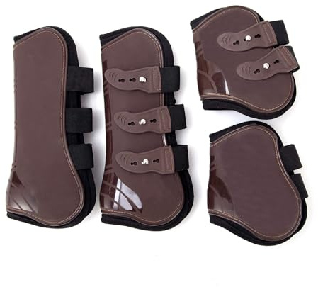 Merauno® Lot de 4 guêtres de protection Fetlock pour chevaux - Protection contre les sauts de chevaux avant et arrière - Robuste - Élastique - En néoprène - Fermeture à boutons S (poney), marron)