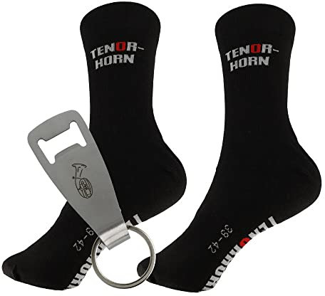 Geschenkset Musiker - Socken mit Instrument und Flaschenöffner-Schlüsselanhänger (39-42, Tenorhorn)