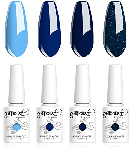 Vishine Esmaltes de Uñas Semipermanentes, Set de 4 Colores Azul Noche Índigo Marino con Purpurina, Colección Nail Art Esmalte en Gel UV LED para Manicura, 8 ml C018