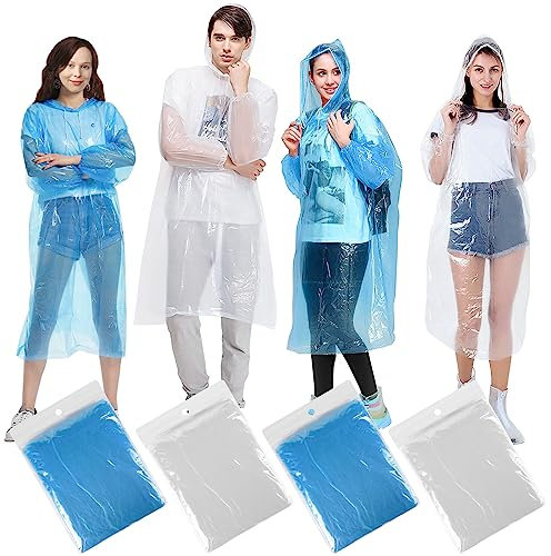 Regenponcho, 4 Stück Regencape Einweg für Herren und Damen Regen Poncho Regenjacke Mantel für Erwachsene mit Kapuze wasserdicht für Festivals, Fahrrad, Wandern, Camping, Konzert