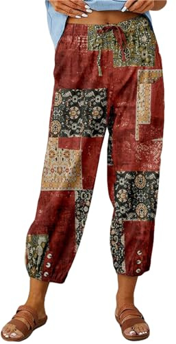 ASKSA Womens 7/8 Length Trousers Wide Leg Pants Casual Lightweight Summer Loose Linen with Pockets
