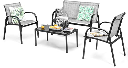 GIANTEX Set da Giardino 4 Posti, composto da Tavolino, Panca e 2 Sedie, Rivestimento in Textilene, Mobili da Esterno Comodi per Giardino e Terrazzo