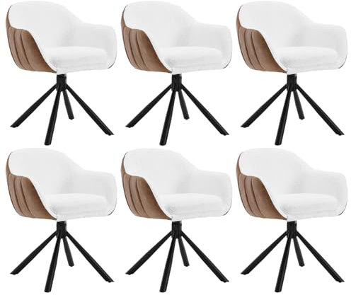 WOLTU Esszimmerstühle drehbar 6er Set, Stuhl Esszimmer, Drehstuhl, Armlehnstuhl, Küchenstühle mit Armlehnen, Polsterstuhl, Sessel, Kunstleder Chenille Metallbeine, Weiß Braun, EZS04ws-6