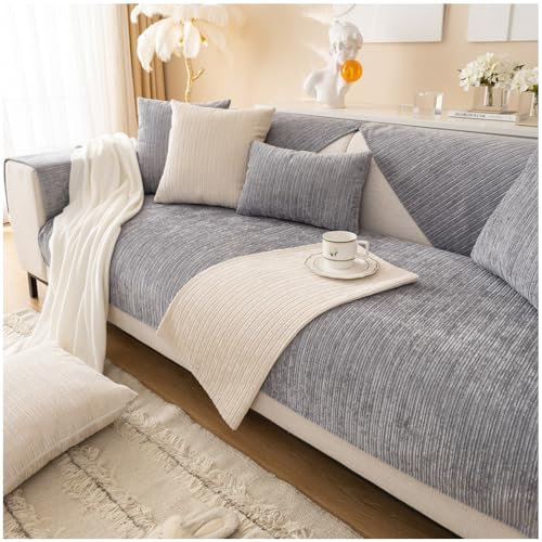 NUODWELL Chenille Sofa Slipcovers 1/2/3/4 Seater, Non Slip Sofa Cover for All-Seasons with Non-Slip Silicone Particles, Corner Sofa Cover Furniture Protector Couch Cover (Grey, 90 * 160cm)