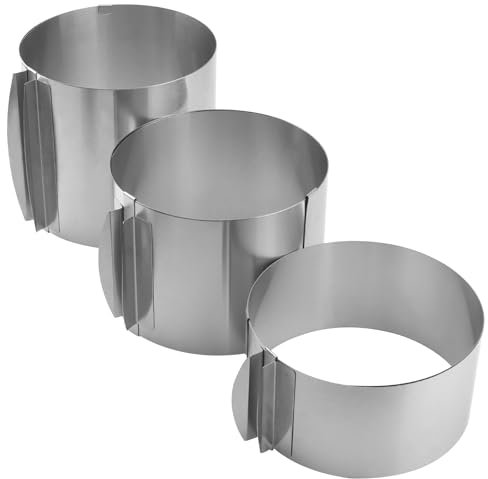 MUNGHOK Set di 3 anelli per torte regolabili in altezza, 16 – 30 cm, in acciaio inox, con scala, 8,5 cm, 12 cm, 15 cm, rotondi, in acciaio inox, per torte