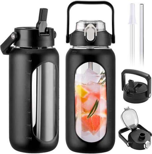 BLUEGO 2L Glass Water Bottles with 2 Lids Flip Lid and Spout Lid Half Gallon Water Bottle with Straw 2000ml Large Water Bottle with Time and Capacity Markers for Gym Home Office Leak-proof, Black