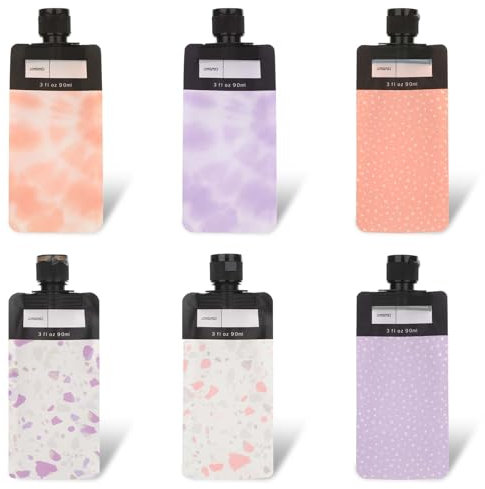 Qianyu 6 Pack Leak Proof Empty Squeeze Pouches Refillable Travel Size Containers Portable Shampoo Conditioner Liquid Container Travel Bottles for Toiletries Lotion Face Cream Hand Soap