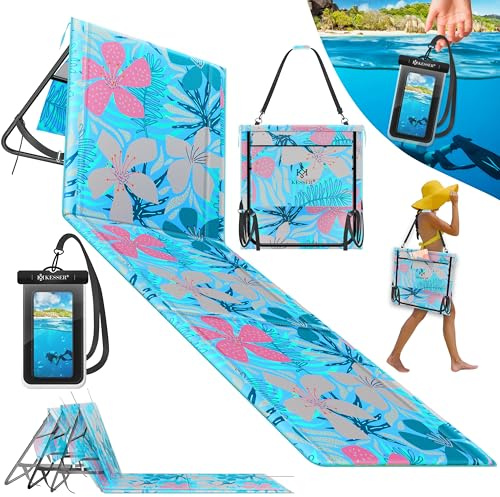 KESSER® Colchoneta de Playa Plegable con Respaldo Ajustable, Correa de Transporte, Funda Impermeable para Móvil y Bolsa de Almacenaje, Tumbona, hasta 130 kg, 1 Serie - Azul Claro