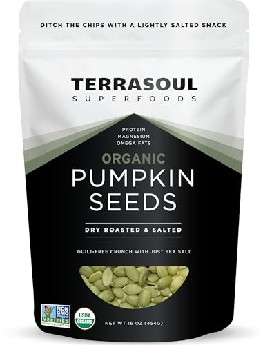 Terrasoul Superfoods Organic Dry-Roasted Salted Pumpkin Seeds (Pepitas), 16oz – Non-GMO, Gluten-Free, Vegan, Keto-Friendly, Shelf-Stable, Resealable Bag