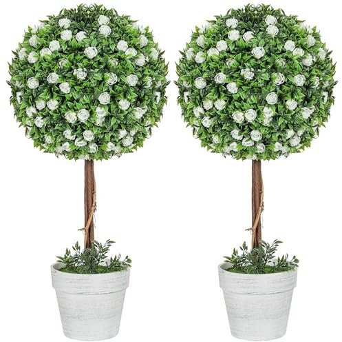 HOMCOM Set of 2 Decorative Artificial Plants, Ball Topiary Tree with Rose Flower in Pot, Fake Plants for Home Indoor Outdoor Decor, 60cm, White