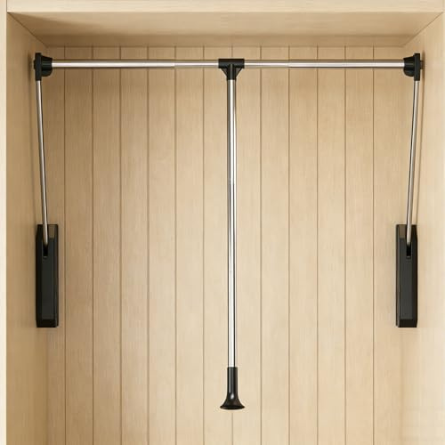 tonchean Pull Down Closet Rod 26-35 Inch Adjustable Side & Back Mounted Closet Rod for Cabinets Soft-Close Wardrobe Lift Rail Organizer for Hanging Clothes, 60lbs Load Capacity