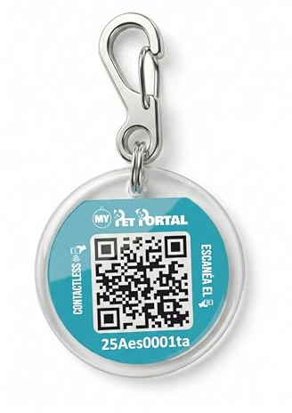 Placa de Identificación para Perros y Gatos con Código QR | Placa Inteligente My Pet Portal | Perfil Online sin Suscripción | Resistente e Impermeable (Con mosqueton grande)