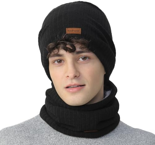 NovForth Ensemble bonnet et cache-cou - Bonnet tricoté et écharpe tubulaire avec polaire - Bonnet d'hiver en laine pour femme, homme, adolescent - Cache-cou pour le ski, le cyclisme, la course, les