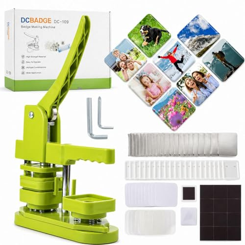 Photo Magnet Making Machine, Button Press Machine for 2 Inches / 50mm Square Fridge Magnetic Stickers, 100 Sets of Button Maker Supplies, Badge Maker Kit for Home School DIY Crafts, Business (Green)
