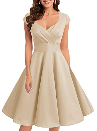 Bbonlinedress Robe Femme Chic de Soiree Cocktail Mariage Invité Baptême Gala Fête Courte Vintage Col Carrée Champagne XL
