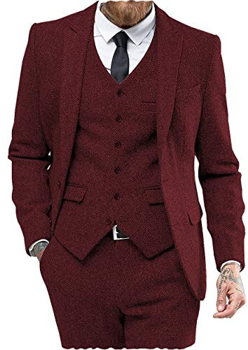 Aesido Classic Abiti Uomo Regular Fit 3 Pezzi Lana Tweed A Spina di Pesce Business Smoking Sposa Blazer+Gilet + Pantaloni Borgogna XS