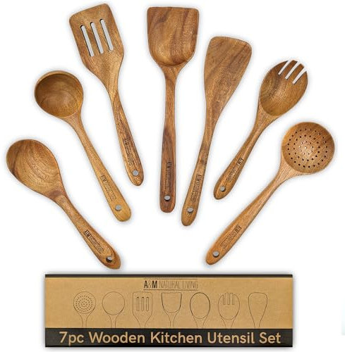 A&M Natural Living Wooden Kitchen Utensils Set of 7 for Cooking, Wooden Kitchen Utensils Including Wooden Spoons, Serving Spoon, Wooden Spatula Set, Wooden Spoons Cooking Kitchen Sets