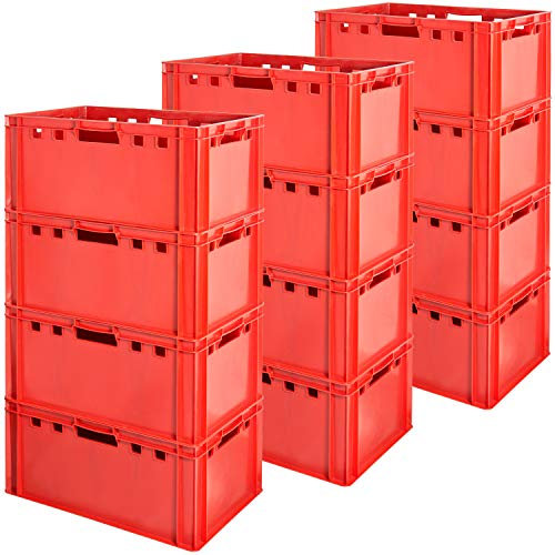 12 Stück E3 Fleischkisten Rot Kisten Eurobox Lebensmittelecht Metzgerkiste Box Aufbewahrungsbox Kunststoff Wanne Plastik Stapelbar Lagerkisten 60 x 40 Kingpower